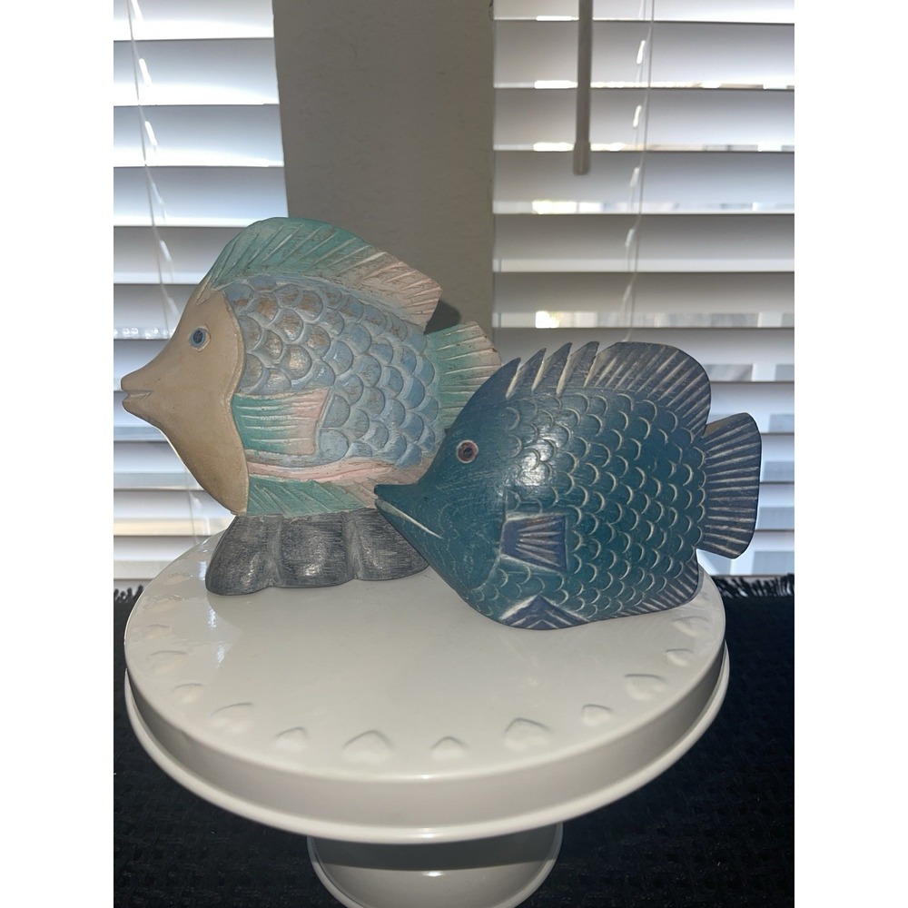 Vintage Carved Wood Fish Tropical Painted Hand Made Set Of 2 Aquatic